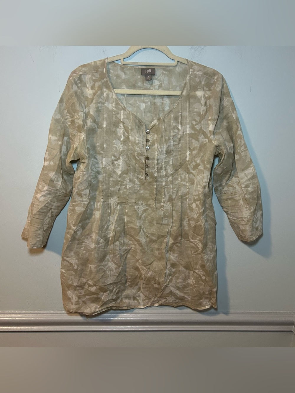 J. Jill 1/4 Button Popover Semi Sheer Pleated 3/4 Sleeve Blouse Size Medium